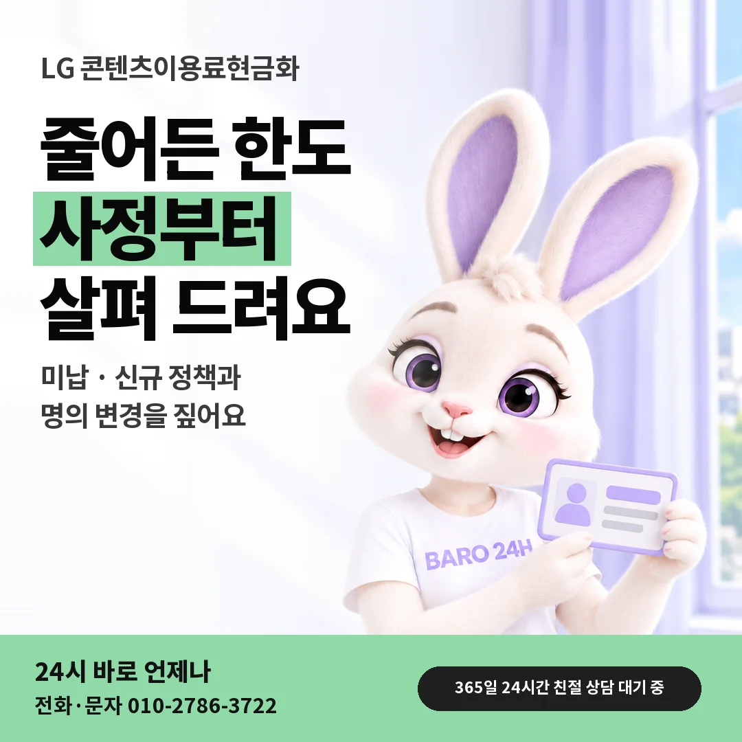 신분증을 든 BARO 24H 티셔츠를 입은 3D 토끼 캐릭터 옆에 「LG 한도가 줄어드는 사정」 제목을 얹은 안내 카드
