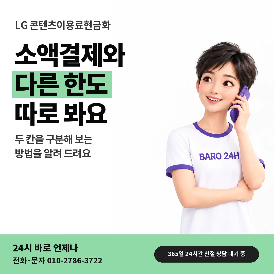 BARO 24H 티셔츠를 입은 3D 인물 옆에 「LG 소액결제 한도와 따로」 제목을 얹은 안내 카드